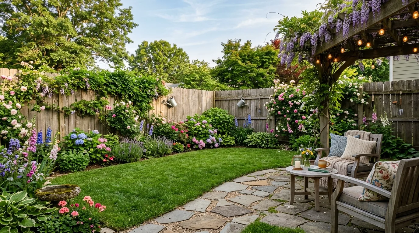 Cozy Backyard With Wooden Fences and Shrubs